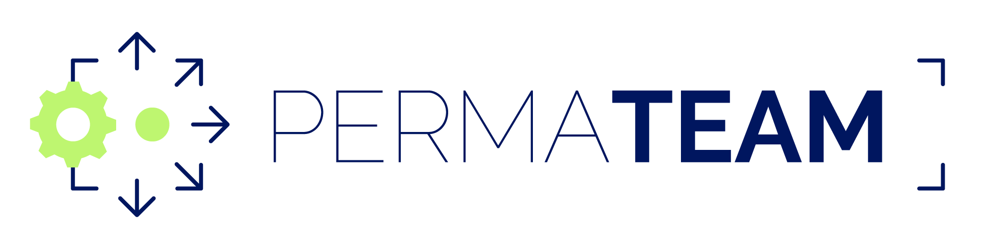 PermaTeam – das Logo zeigt eine quadratische Grundfläche mit einem grünen Zahnrad links und einem daraus in die Mitte gerückten grünen Kreis, von dem aus fünf blaue Pfeile in verschiedene Richtungen zeigen – steht sinnbildlich für Prozesse, Möglichkeiten, Stärken stärken, Potenziale ausschöpfen.